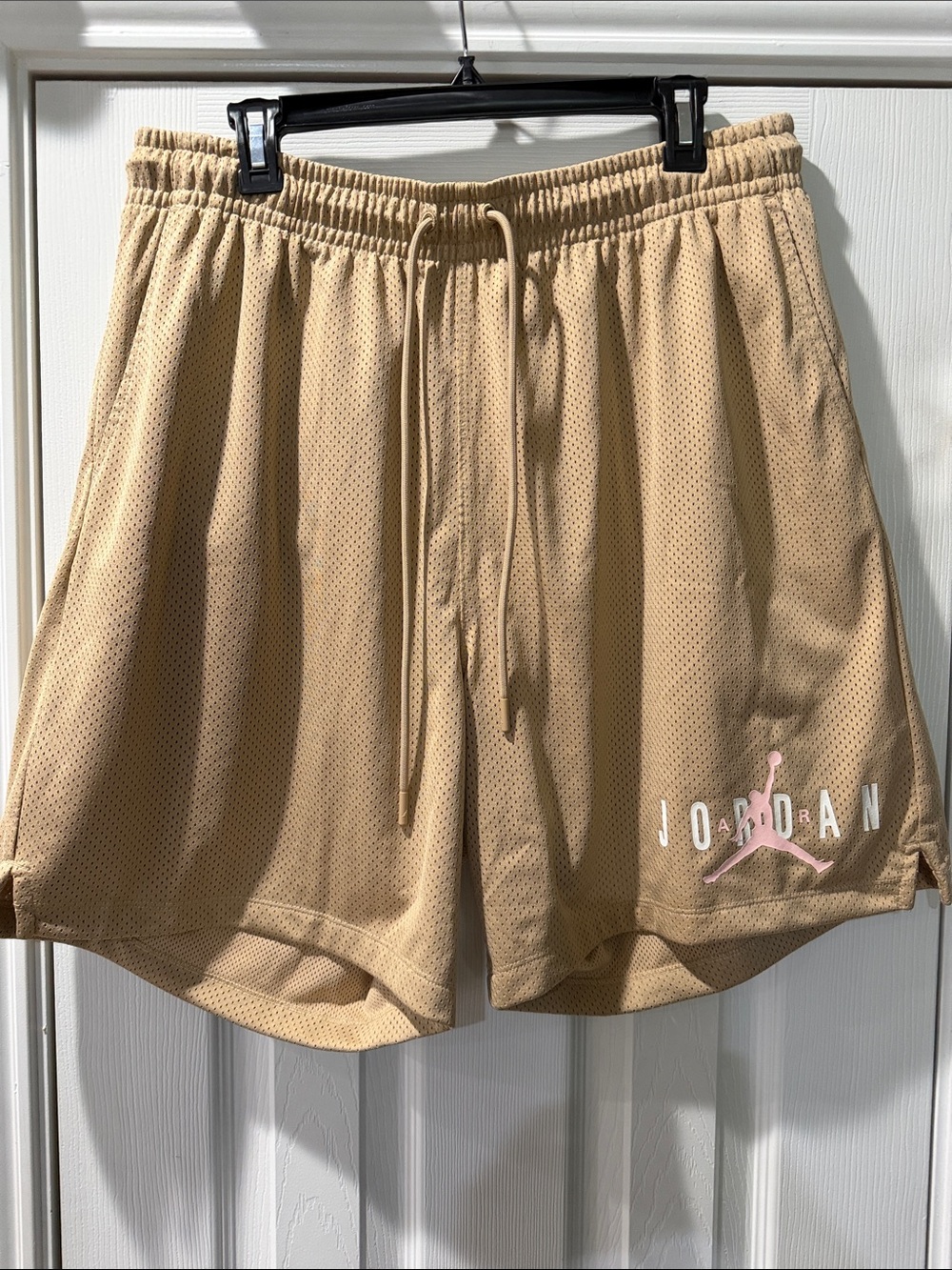Jordan Women's Athletic Mesh Shorts in Tan with Pink Logo